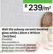 Wall Tile Subway Ceramic Bevelled Gloss White L20cm x W10cm (1Sqm/Box) 81446892-Per Sqm