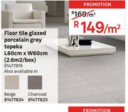 Floor Tile Glazed Porcelain Grey Topeka L60cm x W60cm (2.6sqm/Box) 81477819-Per Sqm