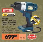 Ryobi 18V Cordless Impact Driver Drill 1/4" Hex XID-150