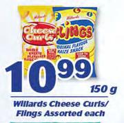 Willards Cheese Curls/Flings Assorted-150g Each