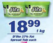 D'Lite 37% Fat Spread Tub-1Kg Each
