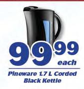 Pineware 1.7Ltr Corded Black Kettle-Each