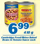 Cambridge Food/ Rhino Baked Beans In Tomato Sauce-410g Each