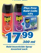 Raid Insecticide Spray 300ml  Plus Free Raid Coils 10's Pack