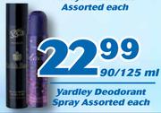 Yardley Deodorant Spray Assorted-90/125ml Each
