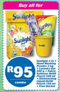 Sunlight 2 In 1 Hand Washing Powder-2Kg+Laundry Bar-500g+Fabric Softener Refill Pouch-500ml Combo