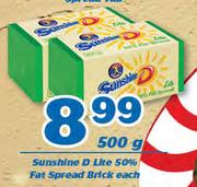 Sunshine D Lite 50% Fat Spread Brick 500g-Each