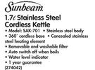 Sunbeam 1.7 Ltr Stainless Steel Cordless Kettle SAK-701