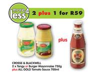 Crosse & Blackwell 2 x Tangy Or Burger Mayonnaise-750g Plus All Gold Tomato Sauce-700ml