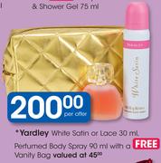 Yardley White Satin Or Lace 30ml Perfumed Body Spray 90ml & Free Vanity Bag 