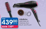 BaByliss 2000 Watt AC Hairdryer, Bun, Brush And Pouch-Per Set