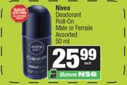 Nivea Deodorant Roll On Male Or Female Assorted-50ml