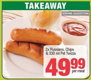 2 x Russians, Chips & 330ml Pet Twizza-Per Meal