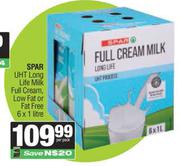 Spar UHT Long Life Milk (Full Cream, Low Fat Or Fat Free)-6 x 1Ltr