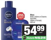 Nivea Body Lotion Or Creams Assorted (Male Or Female)-400ml Each