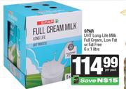 Spar UHT Long Life Milk Full Cream, Low Fat Or Fat Free 6 x 1Ltr-Per Pack