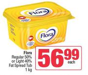 Flora Regular 50% or Light 40% Fat Spread Tub-1Kg Each