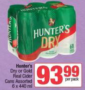 Hunter's Dry Or Gold Real Cider Cans Assorted-6 x 440ml Per Pack