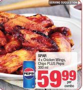Spar 4 x Chicken Wings, Chips Plus Pepsi 300ml-Per Combo