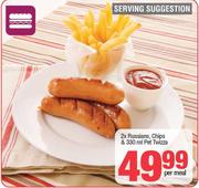 2 x Russians, Chips & 330ml Pet Twizza-Per Meal