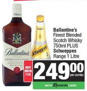 Ballantine's Finest Blended Scotch Whisky 750ml Plus Schweppes Range 1Ltr-For Both
