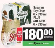 Savanna Dry Cider 6 x 330ml Plus Sol NRB 6 x 330ml-For Both Per Combo