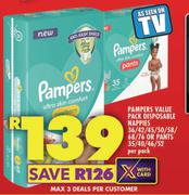 Pampers Value Pack Disposable Nappies 36/42/45/50/58/68/76 Or Pants 35/40/46/52-Per Pack