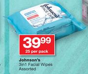 Johnson's 3-In-1 Facial Wipes Assorted-25's Per Pack