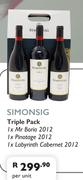 Simonsig Triple Pack 1xMr Borio 2012,1xPinotage 2012,1xLabyrinth Cabernet 2012-Per Unit