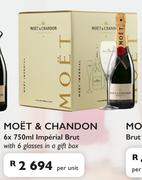 Moet & Chandon Imperial Brut-6 x 750ml Per Unit With 6 Glasses In A Gift Box
