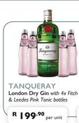 Tanqueray London Dry Gin With 4 x Fitch & Leedes Pink Tonic Bottles-Per Unit