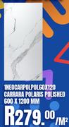 Large Format Porcelain Tile 1NECARPOLPOL60X120 Carrara Polaris Polished 600 x 1200mm-Per Sqm