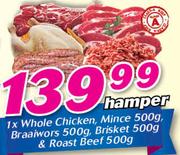 1xWhole Chicken, Mince, Braaiwors, Brisket & Roast Beef-1x500g Hamper