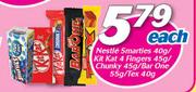 Nestle Smarties-40g/KitKat 4 Fingers-45g/Chunky-45g/Bar-One-55g Or Tex-40g Each