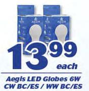 Aegls LED Globes 6W CW BC/ES/ WW BC/ES-Each