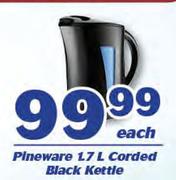 Pineware 1.7Ltr Corded Black Kettle-Each