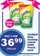 Sunlight Dishwashing Liquid Refill Pouch-2 x 750ml Each