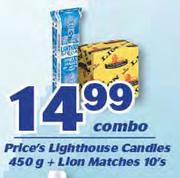 Price's Lighthouse Candles-450g + Lion Matches-10's Combo