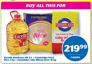 Excella Sunflower Oil 5Ltr + Cambridge Food Rice 2kg + Snowflak Cake Wheat Flour 10kg-Combo