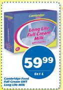 Cambridge Food Full Cream UHT Long Life Milk-6x1Ltr