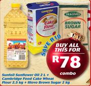 Sunfoil Sunflower Oil 2Ltr + Cambridge Food Cake Wheat Flour 2.5kg + IIIovo Brown Sugar 2kg- Combo