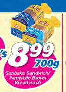 Sunbake Sandwich/Farmstyle Brown Bread-700g Each
