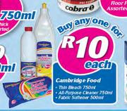 Cambridge Food Thin Bleach-750ml/All Purpose Cleaner-750ml/Fabric Softener-500ml Each