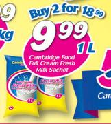 Cambridge Food Full Cream Fresh Milk Sachet-1Ltr