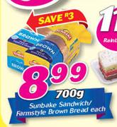 Sunbake Sandwich/Farmstyle Brown Bread-700gm Each