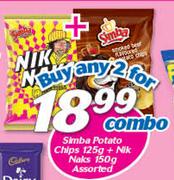 Simba Potato Chips-125g + Nik Naks Assorted-150g-For 2