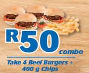 Take 4 Beef Burgers + 400g Chips Combo