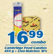 Cambridge Food Candles 450g + Lion Matches 10’s Combo