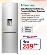Hisense 269Ltr Metallic Combi Fridge/Freezer With Water Dispenser H359BME-WD