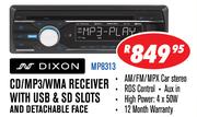 Dixon CD/MP3/WMA Receiver With USB & SD Slots And Detachable Face(MP8313)
